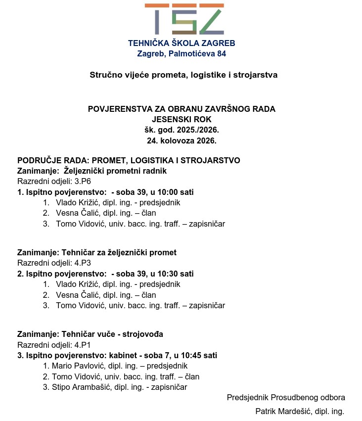 Obrana jesenski rok 2025/2026 - Tehnička škola Zagreb